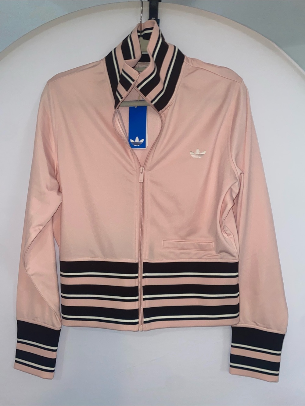 adidas Originals Pink and Black Striped Varsity Jacket